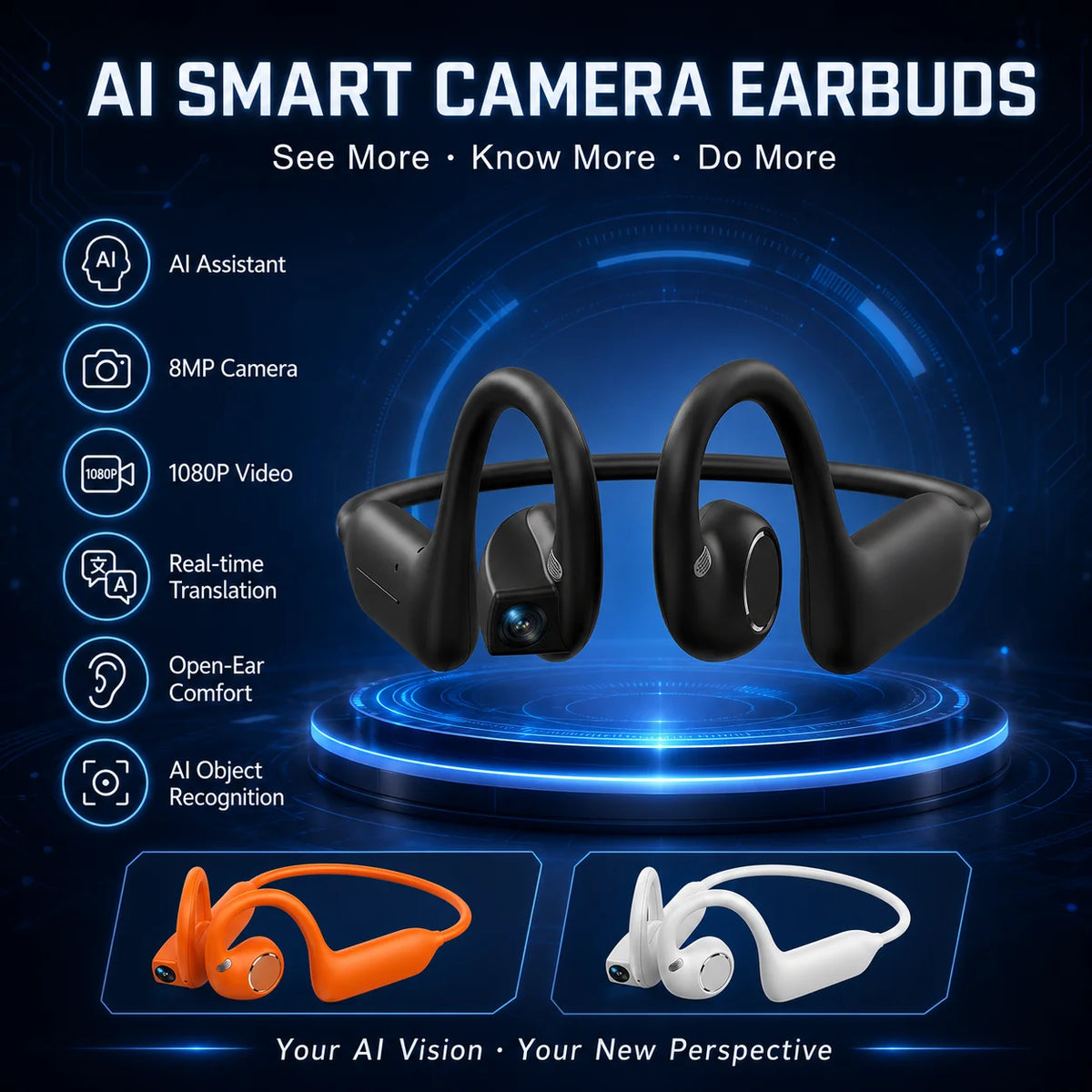 Auriculares inteligentes bluetooth con camara 8mp y memoria 8gb